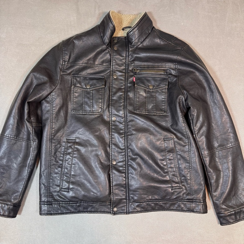 Levi's Men's Faux Leather Sherpa Trucker Jacket Dark Brown XL Aviator EUC